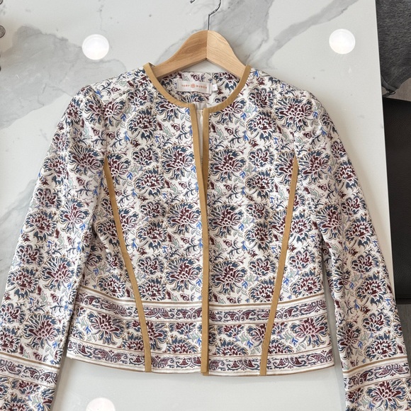 Tory Burch Jackets & Blazers - Tory Burch Floral Jacquard Crewneck Jacket with Tan Trim